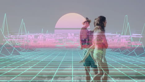 couple walking on beach with retro game over animation overlay