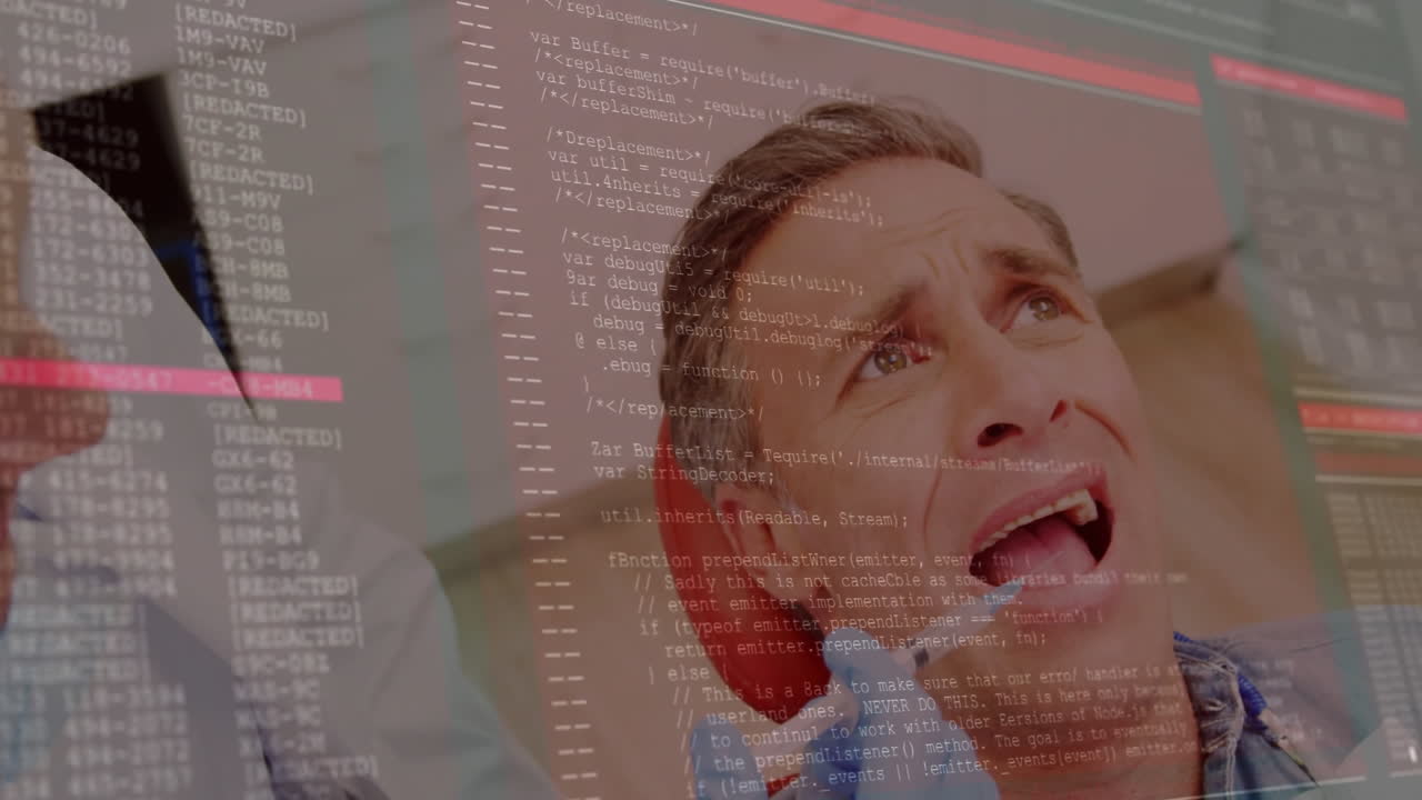 Doctor writing notes on clipboard in health tech clinic, showcasing code overlay and stethoscope