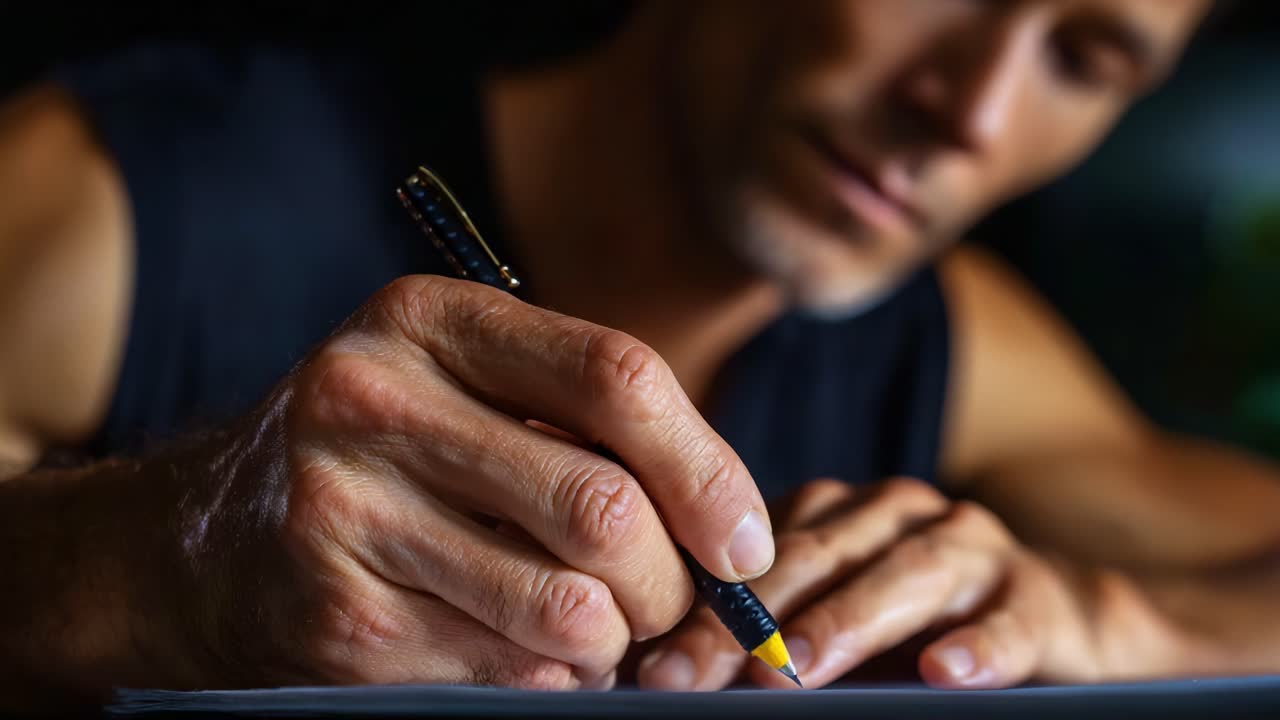 Grande attenzione alla creatività: primo piano di una mano che scrive con una matita, catturando il processo artistico in azione con profondo coinvolgimento e concentrazione