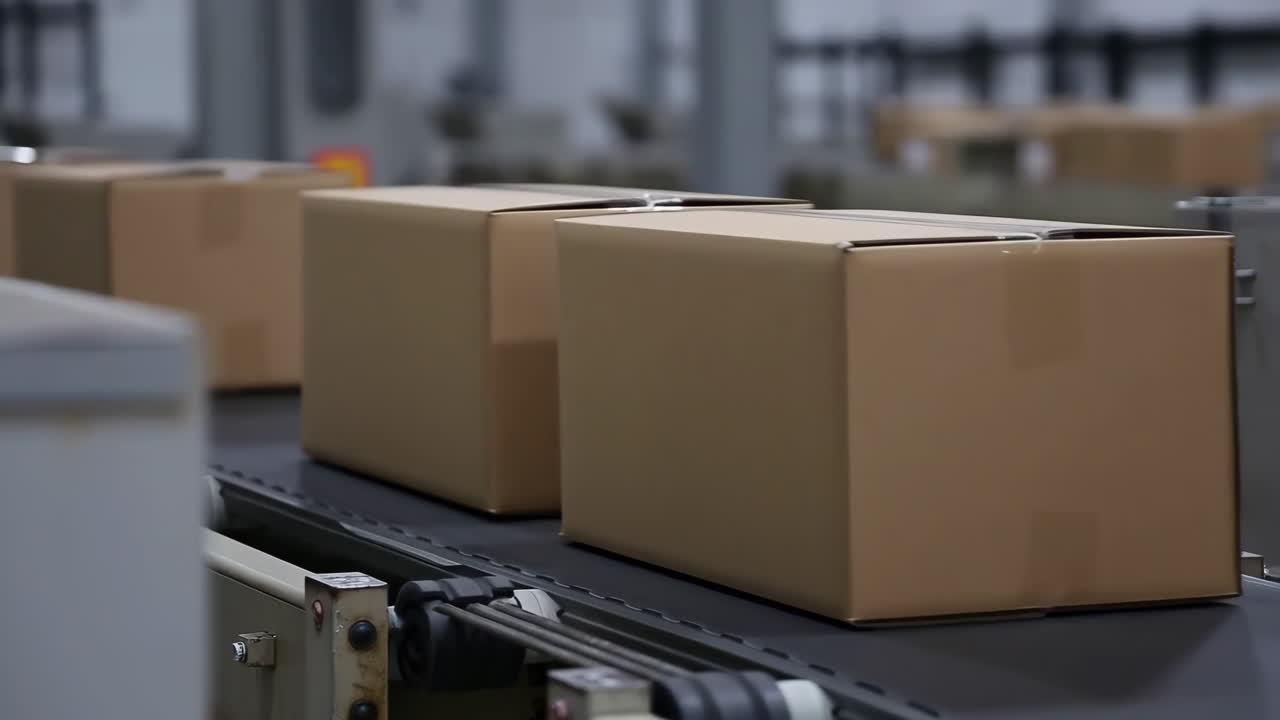 Cardboard Boxes Moving on a Conveyor Belt in a Logistics Center