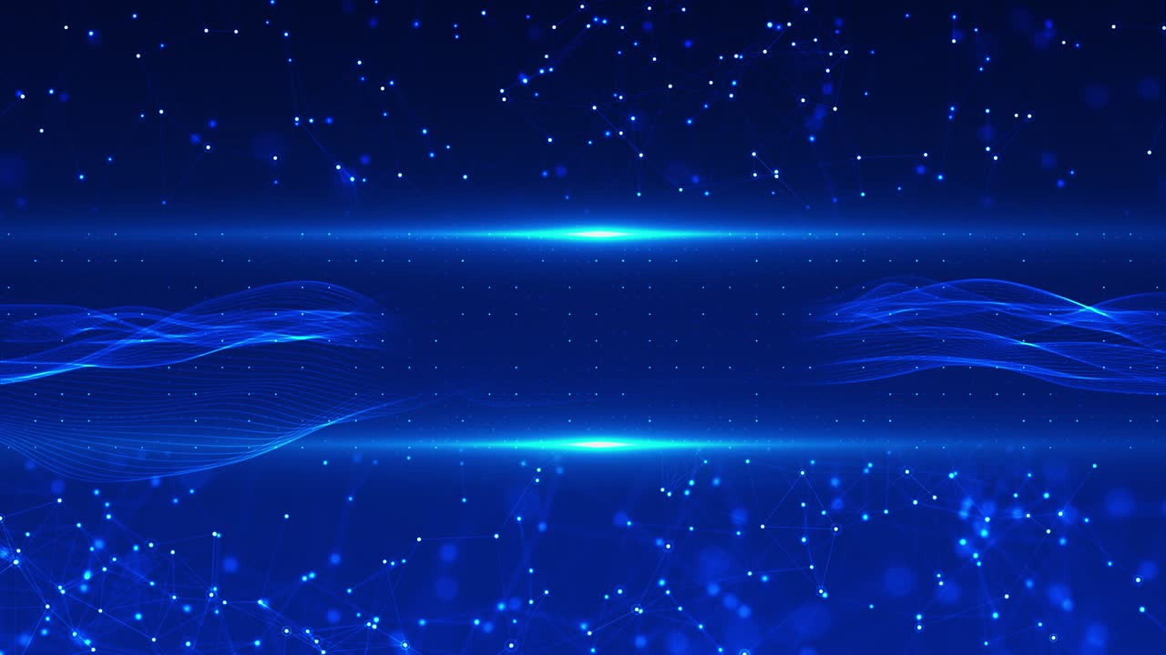Dynamic animation flowing waves plexus particles across deep blue space futuristic lines connect