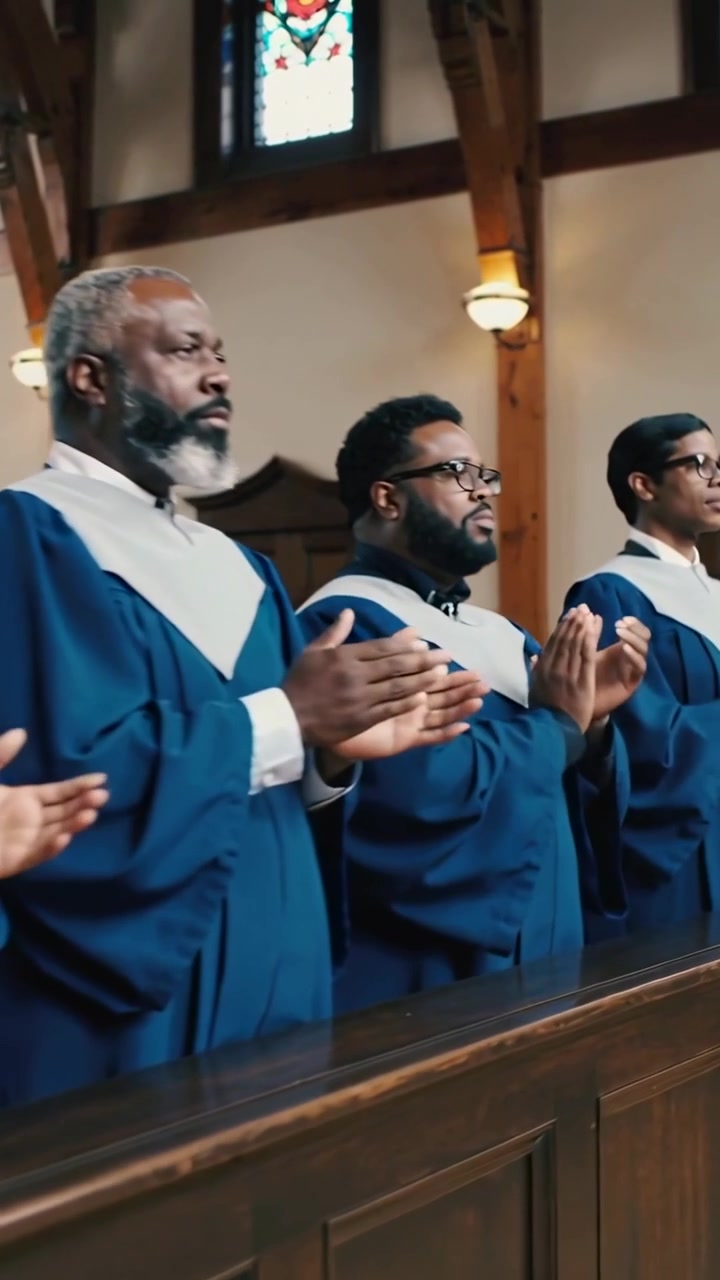 Vertical video: Tracking camera showing choir clapping and singing during service, navy robes pew