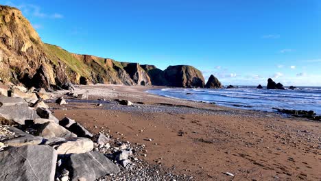 Cinematic-seascape-of-beach-on-The-Copper-Coast-Ireland-on-a-cold-Winter-morning