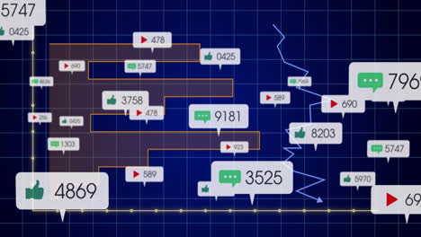 Displaying animation, fluctuating graph with social media metrics on blue grid background