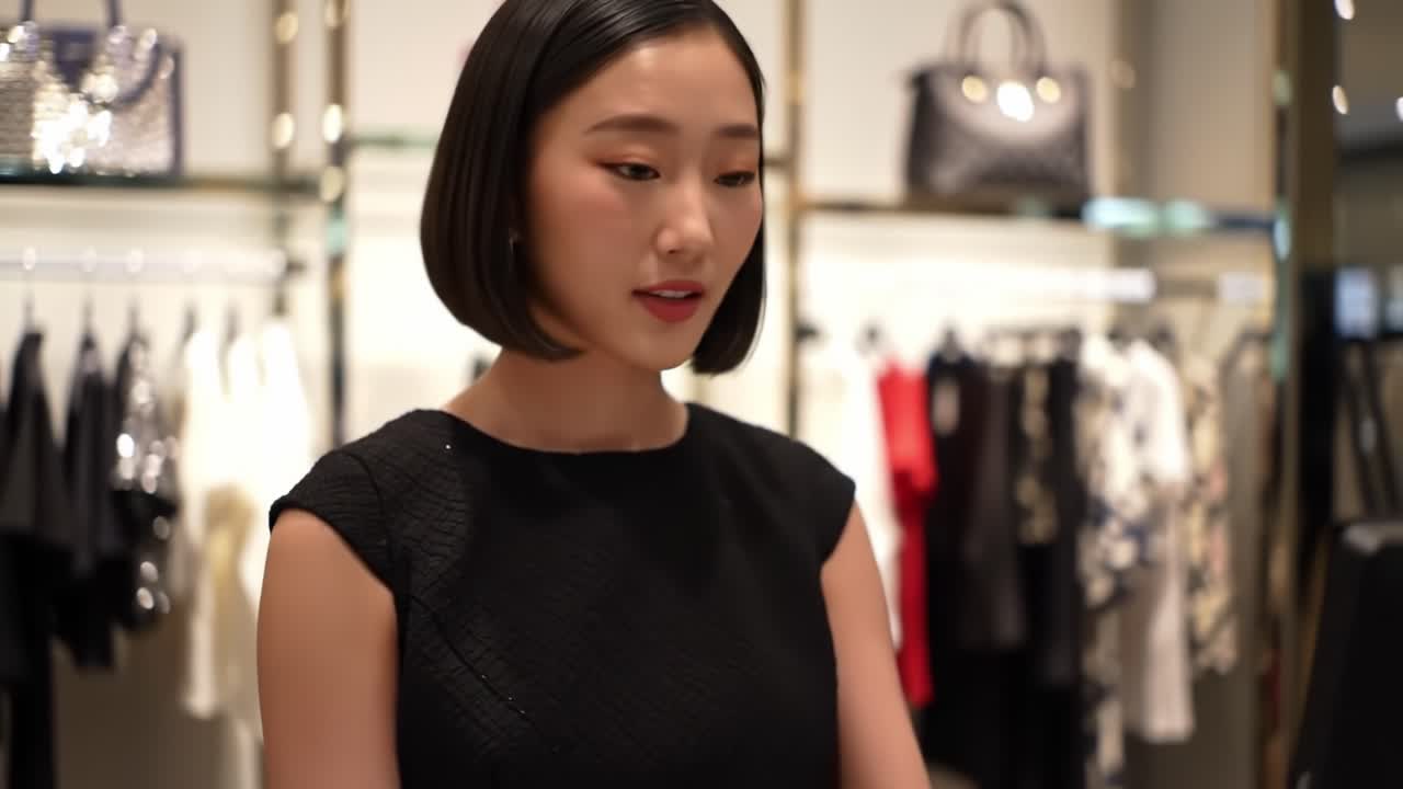 Elegant Woman in Stylish Attire Contemplating Fashion Choices in Upscale Retail Boutique, Surrounded by Trendy Clothing and Accessories Displayed on Racks