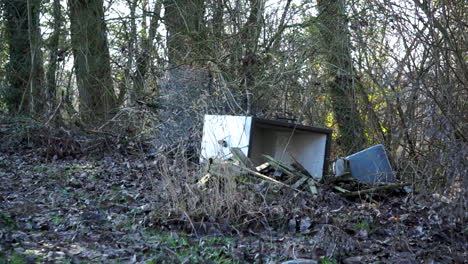 Illegal-dumping,-littering-of-trash-and-rubbish-out-in-nature,-near-a-field-in-the-woods