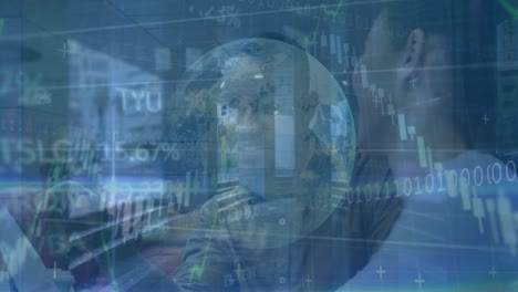 animación del procesamiento de datos del mercado de valores sobre diversos colegas masculinos y femeninos discutiendo