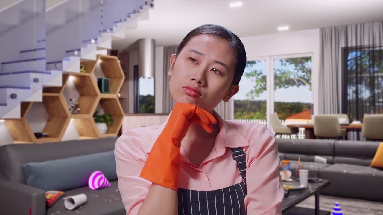 Close Up Of Sad Asian Female Housekeeper With An Apron Thinking About Something And Looking Around While Standing In House