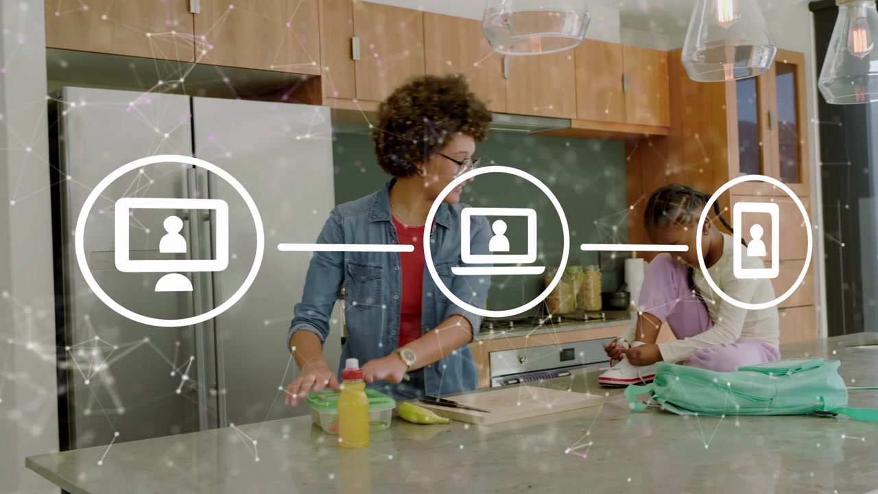 Mother making snack then packing school bag while network overlay growing over both child watching