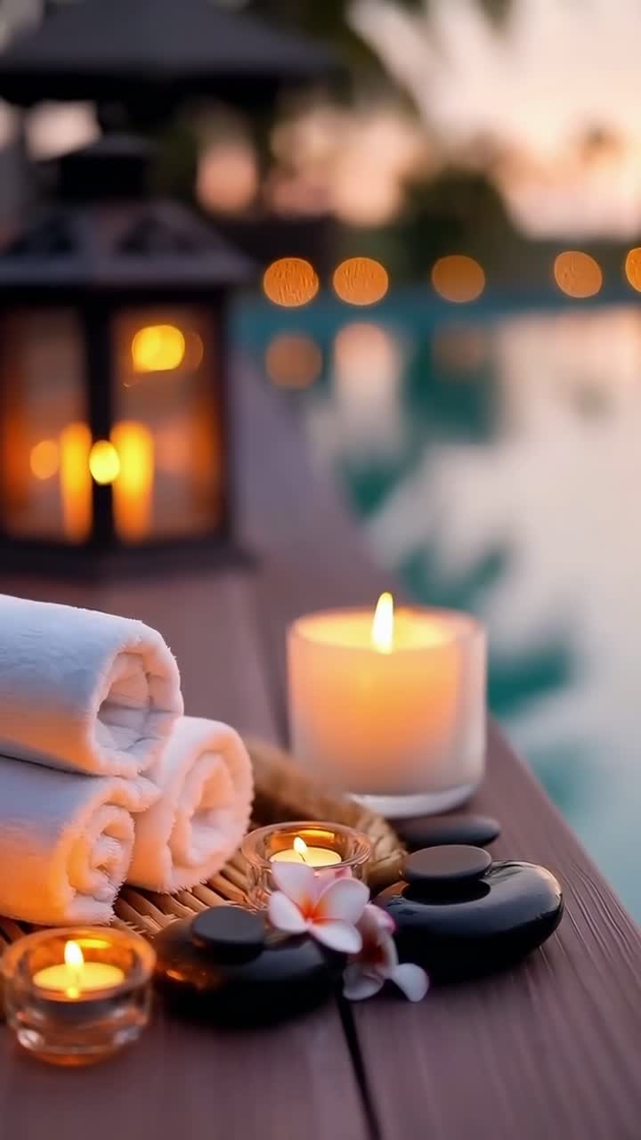En fredfyldt spa ved poolen ved solnedgang, fanget i en nærbillede engel, perfekt til afslapning