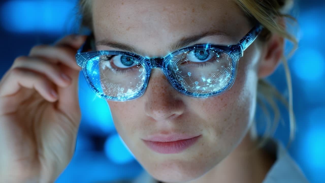 A Focused Individual with Futuristic Glasses Showcasing Advanced Technology and Intense Curiosity Amidst a Blue-Lit Background, Captivating the Essence of Innovation
