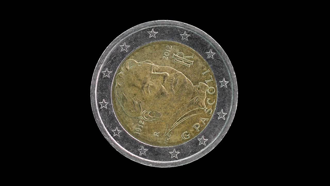 Italy 2012 2 euro obverse commemorating 100th anniversary Giovanni Pascoli rotating on black background