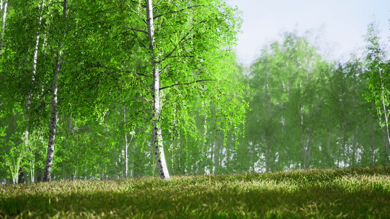 Vibrant green trees and lush grass create a serene forest ambiance