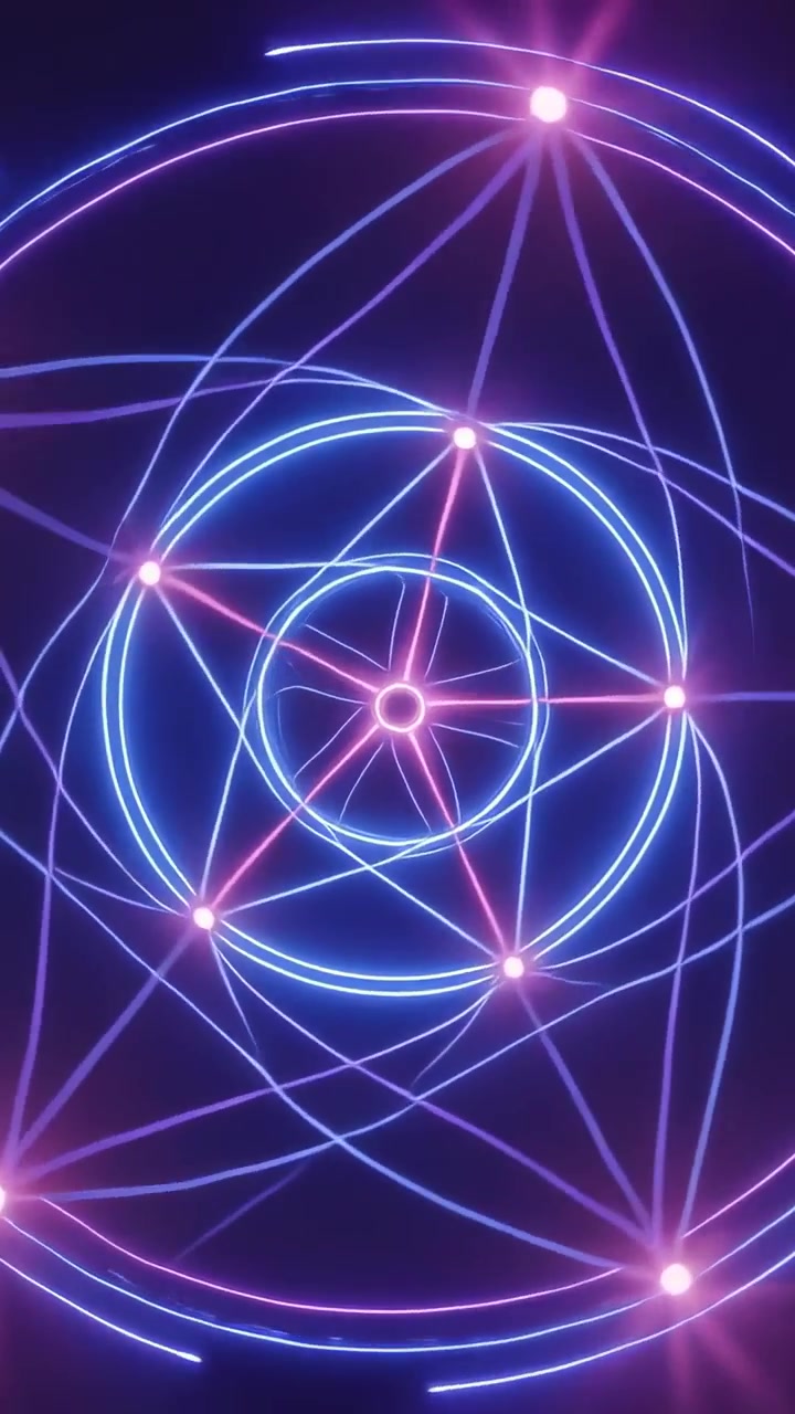 Video verticale: Motivo a stella al neon in loop con anelli rotanti e nodi rosa in orbita su sfondo viola per il ritmo.
