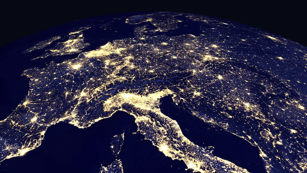 Animazione digitale ingrandisce dallo spazio su una mappa notturna luminosa dell'Europa e della Svizzera