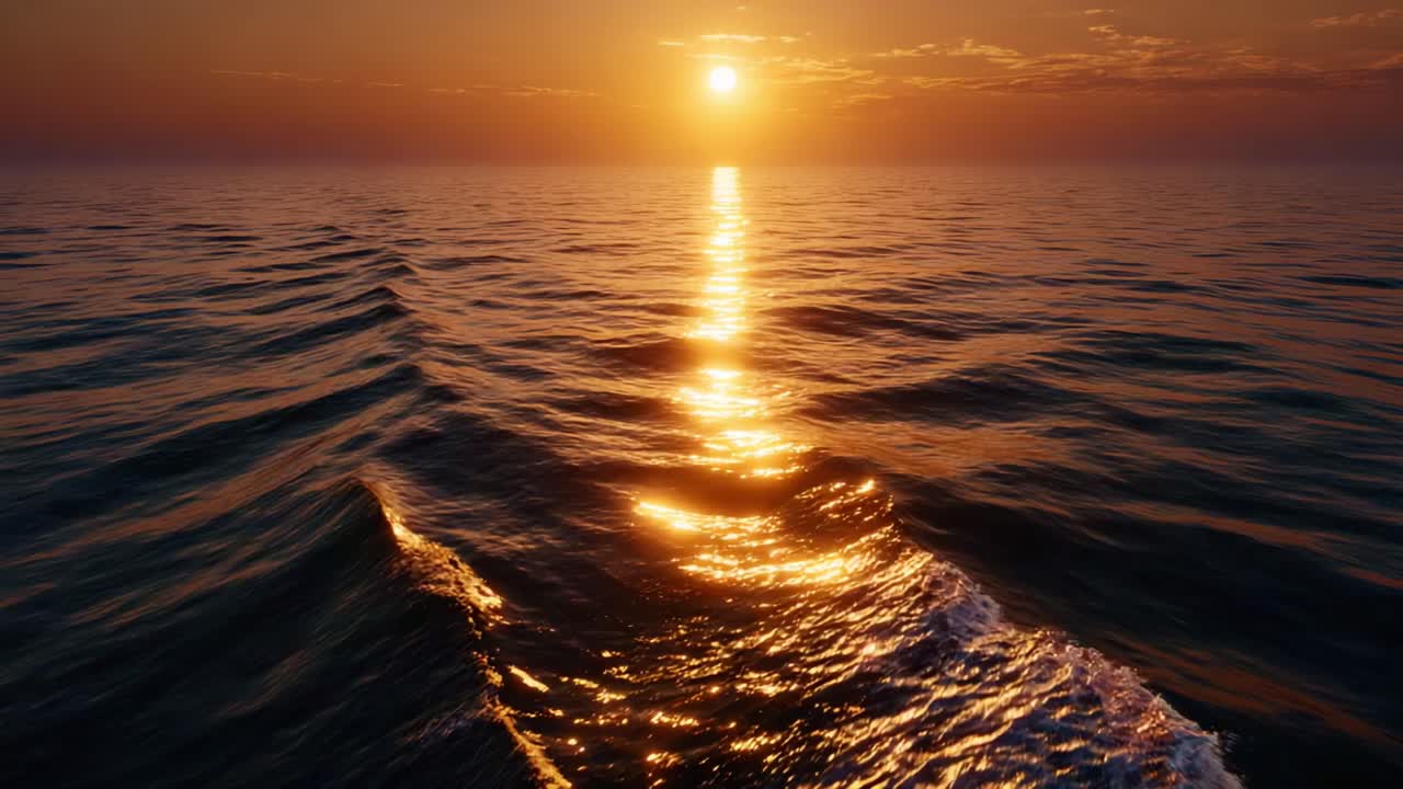 En betagende solnedgang over det rolige hav med glitrende bølger, der reflekterer gyldent sollys, og en levende himmel fyldt med varme nuancer af aftenlys