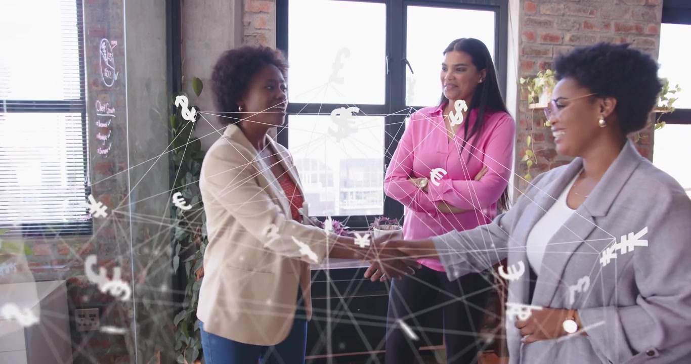 Presenter drawing finance network on glass panel and handshaking peer as currency icons appear