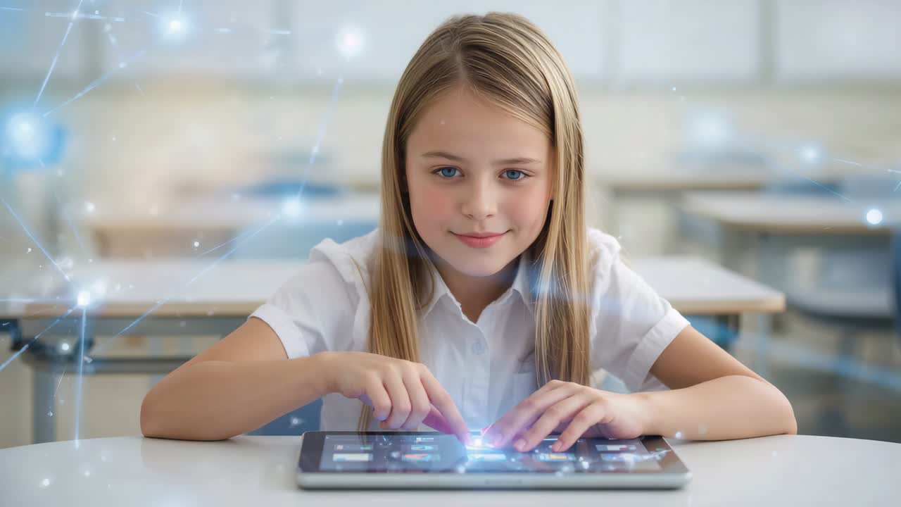 Tapping student in white shirt causing blue hologram nodes rising above tablet for lesson