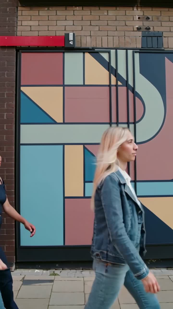 Vertical video: Entering frame spurring blonde woman walking sidewalk, brunette woman passing mural
