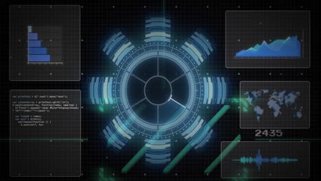 Digitale-Schnittstelle-Mit-Datendiagrammen-Und-Codierungsanimation-über-Futuristischem-Dashboard