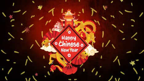 animation of happy chinese new year text, with dragon and temples, and yellow confetti falling