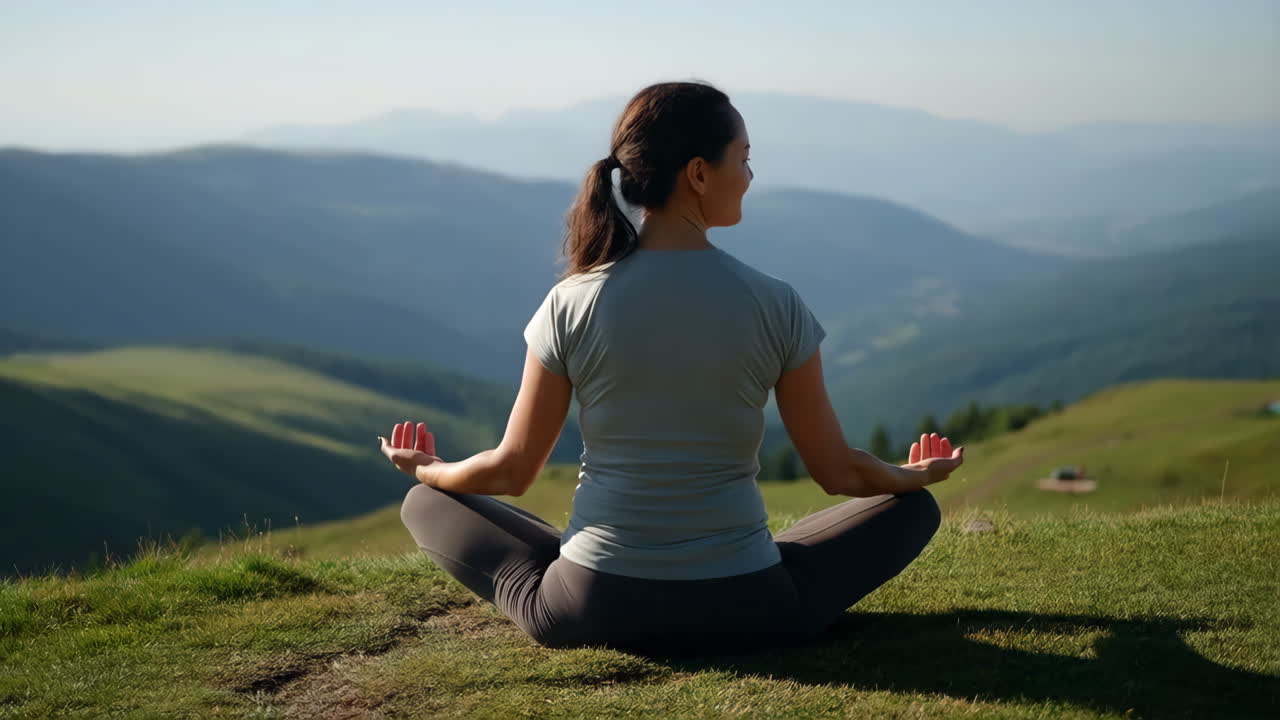Woman Meditating in Lotus Pose on a Mountain Top