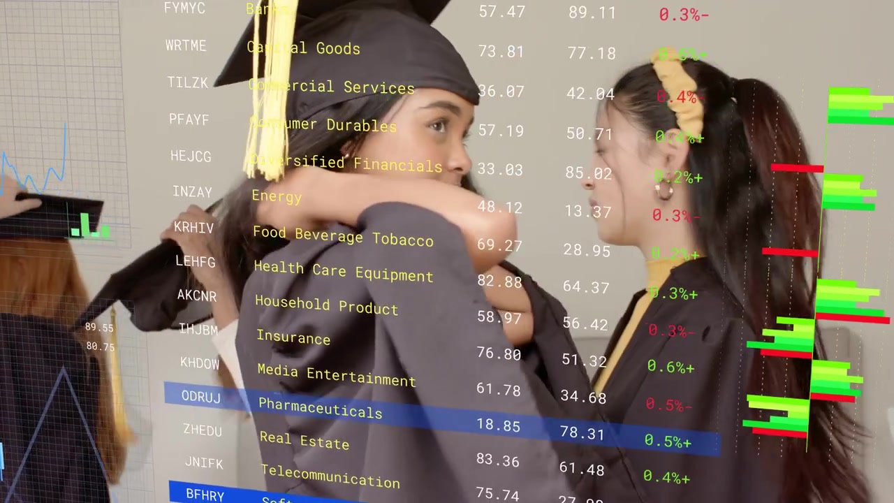 Two women fixing caps and hugging on set, camera moving closer, stock charts showing graduation
