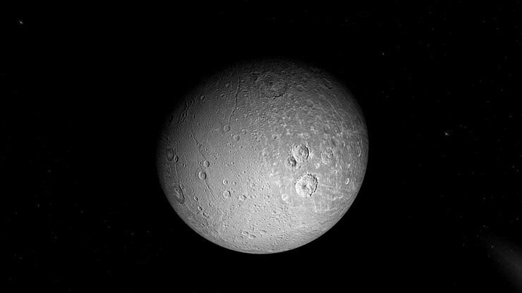 Dione, lua de Saturno, girando em sua própria órbita no espaço sideral. Loop