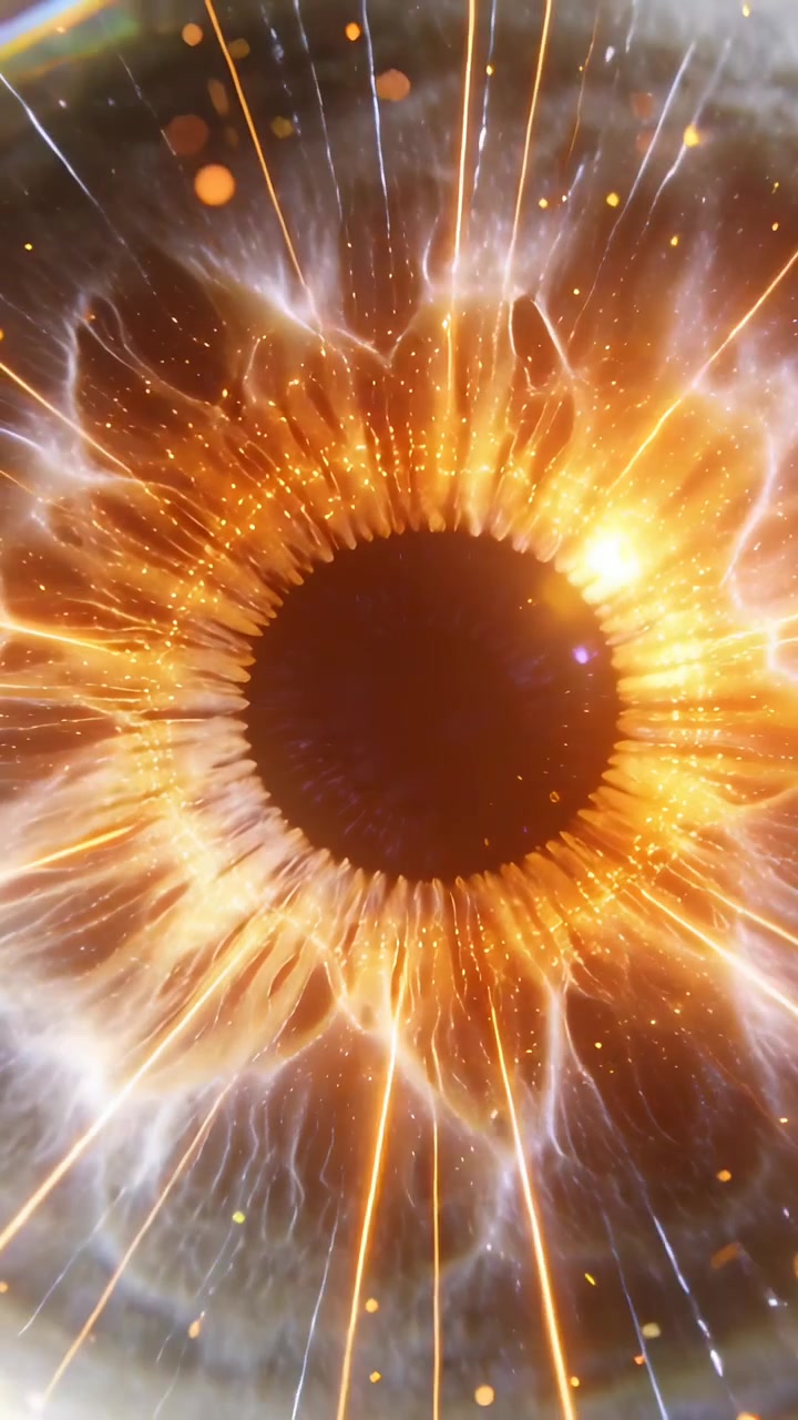 Video vertical: Iris de energía pulsante con pupila reaccionando a una oleada en primer plano CGI, emitiendo chispas.