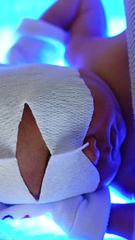 little infant lies in bed holding hands behind head. baby has a bandage on eyes for protection from uv light. jaundice treatment. top view. vertical video