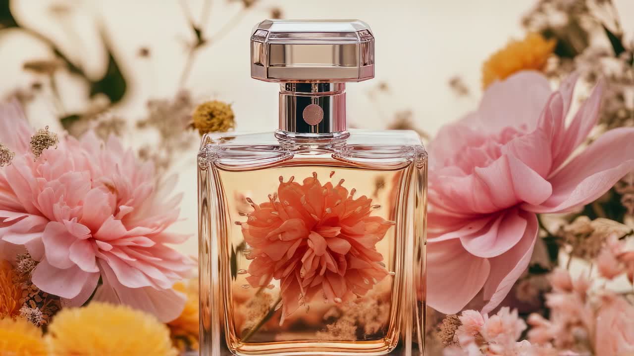 Transparent perfume bottle with a silver cap and an orange flower inside, placed among a bouquet of pink and orange flowers, evokes the captivating essence of a floral fragrance