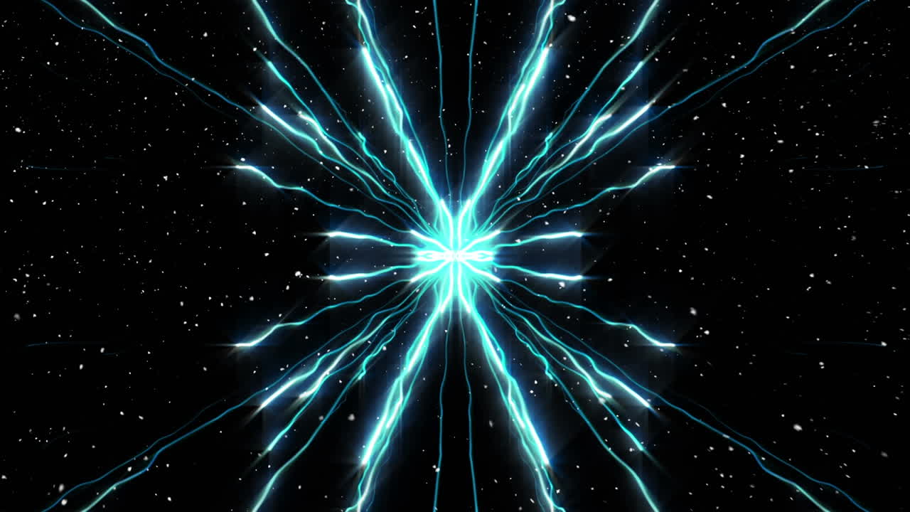 animación de senderos de luz azul brillante con nieve cayendo