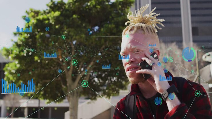 Animation of network of connections over albino african american man using smartphone