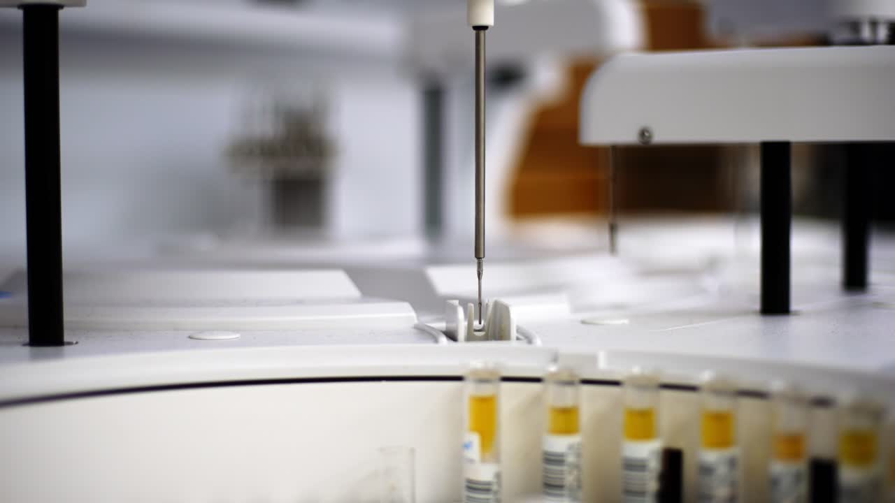 Close up view of Test tubes getting tested and mixed with chemicals in a biochemical analyzer