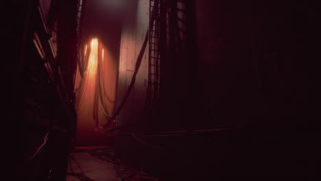 dark, futuristic corridor with cables