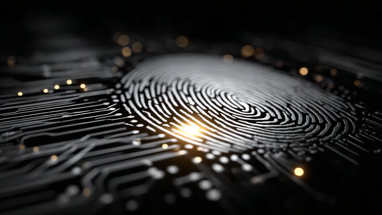 Digital Integration: A Close-Up of a Fingerprint Pattern Merged with Electronic Circuitry Highlights the Intersection of Technology and Identity