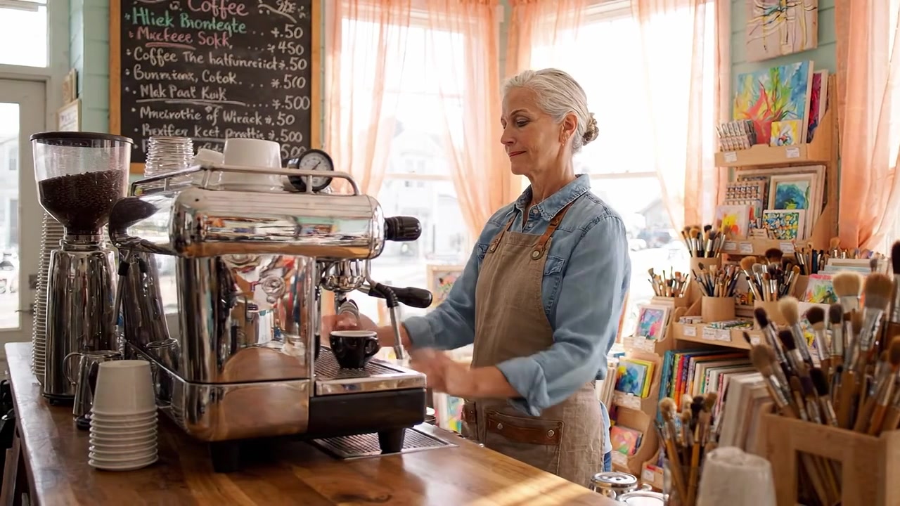 Un barista dedicato prepara abilmente il caffè in un affascinante caffè, circondato da forniture artistiche e da un'atmosfera calda e invitante con la luce del sole che filtra.