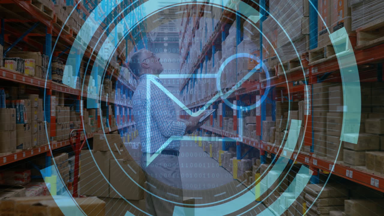 Warehouse worker checking inventory with digital data processing animation overlay