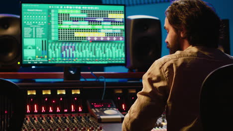 Team of artist and technician editing audio after recording session