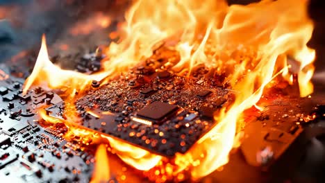 una placa base de computadora en llamas con un fondo negro
