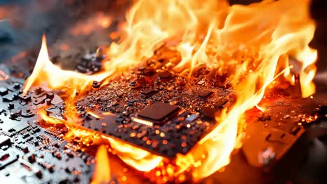 a computer motherboard on fire with a black background