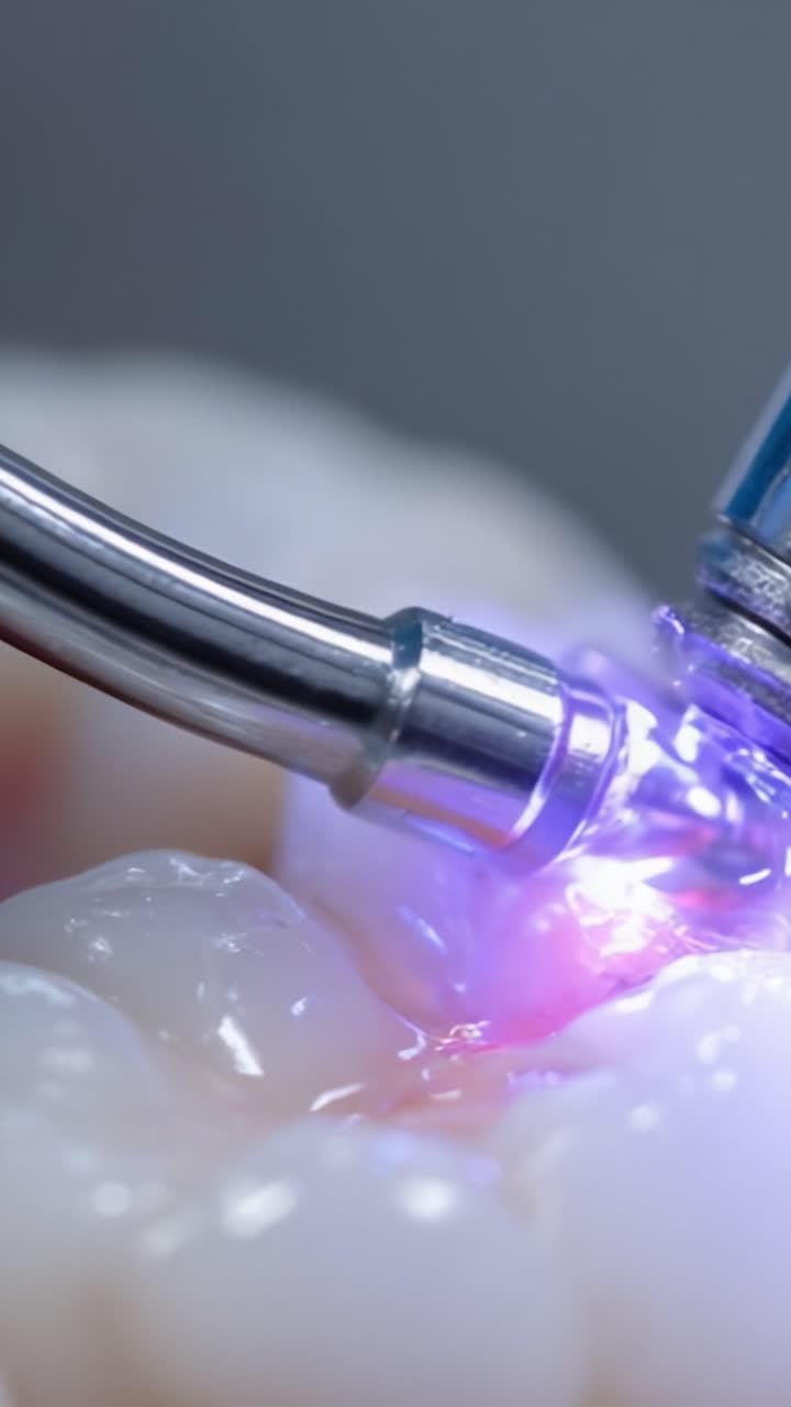 Un esame ravvicinato di una procedura dentale che coinvolge tecnologia avanzata e attivazione luminosa in odontoiatria restaurativa.