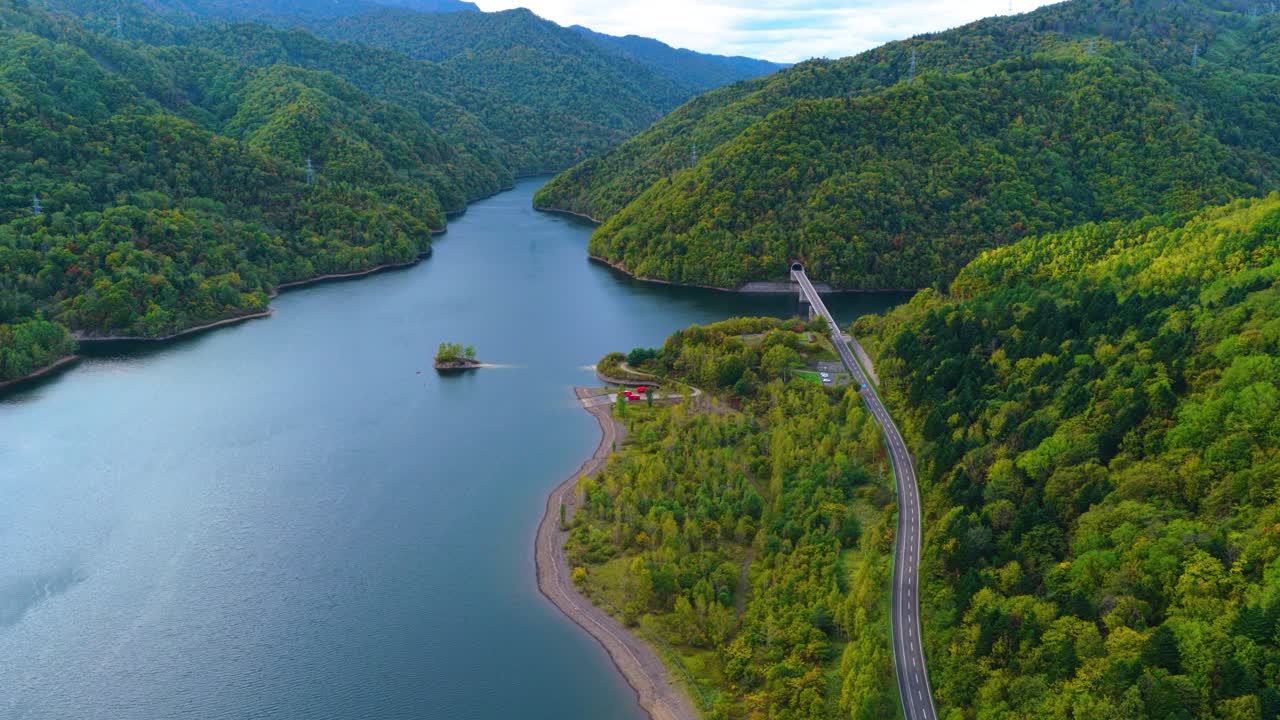 Sapporo Lake and Mountains, Aerial View of Hokkaido in Autumn