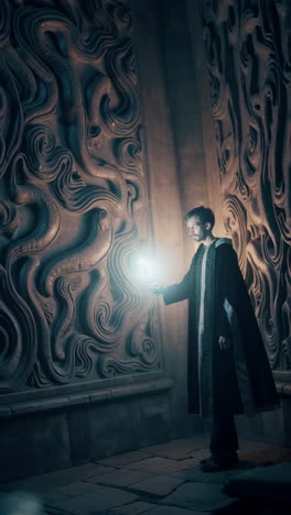 Wizard Holding a Wand in a Mysterious Ancient Setting
