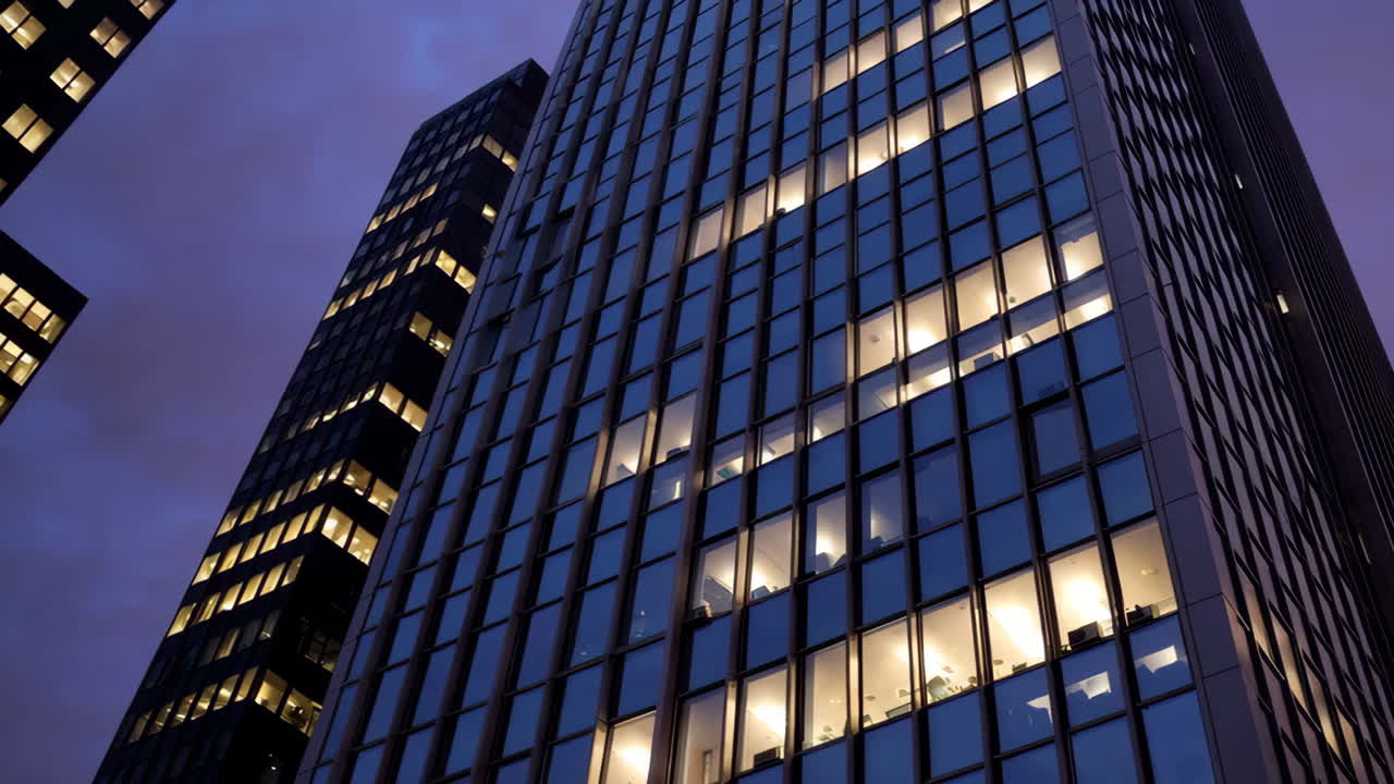 Night View of Illuminated Office Skyscrapers