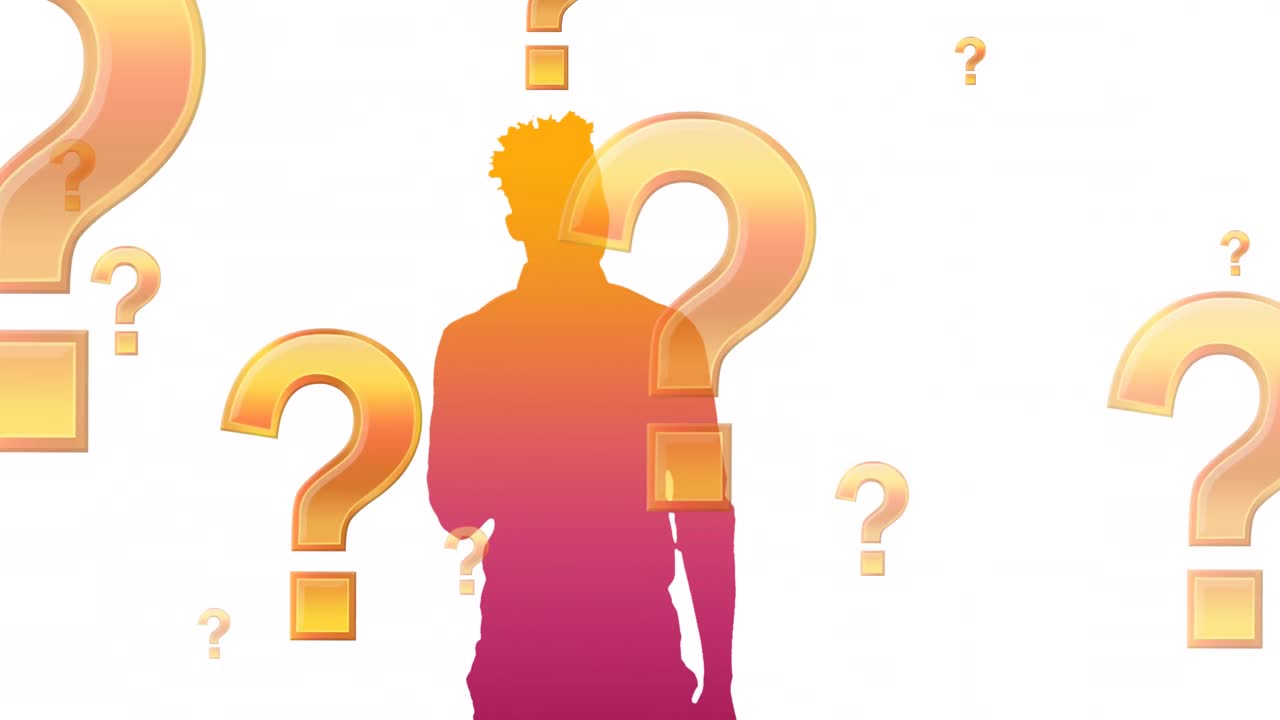 색 배경에 질문표가 있는 사업가의 실루의 애니메이션