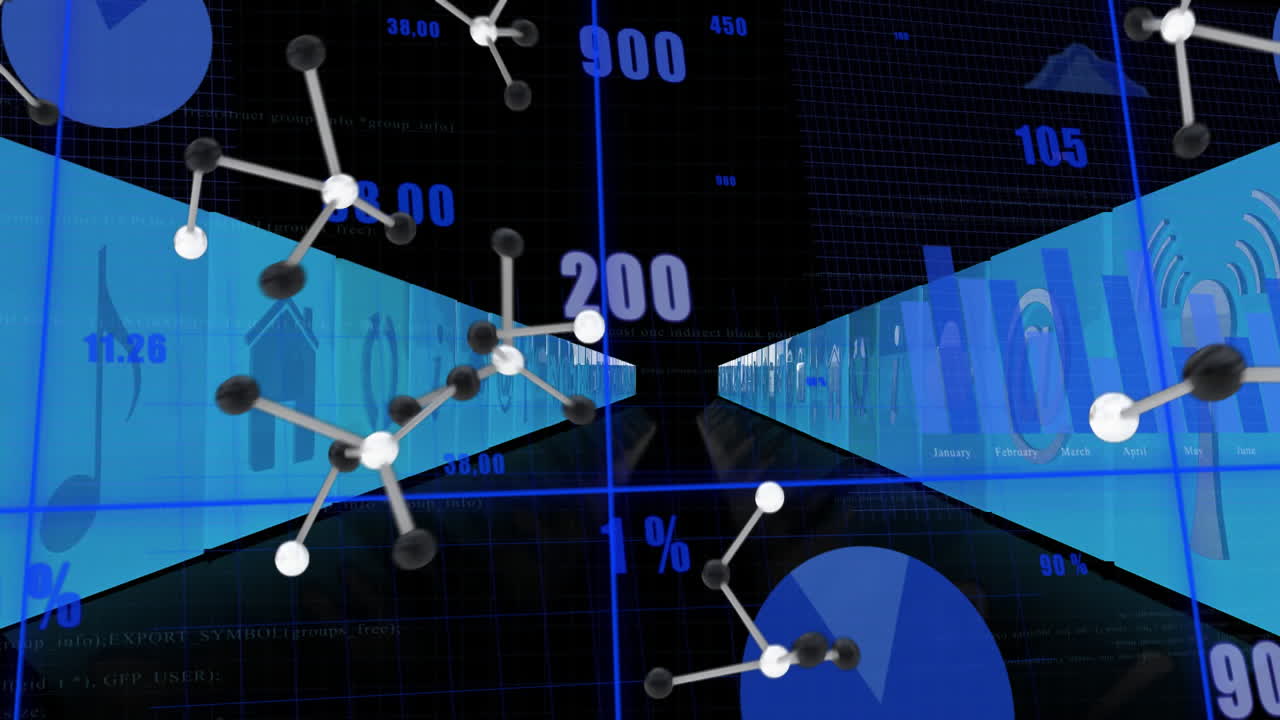 Angled blue panels forming data tunnel being visualized in 3D render, showing drifting molecules