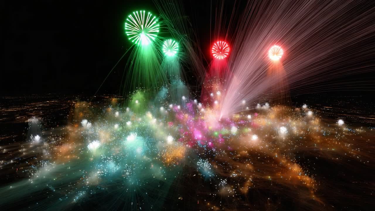 A Stunning Display of Light and Color: Captivating Explosion of Fireworks Illuminating the Night Sky in a Brilliant Array of Patterns and Hues