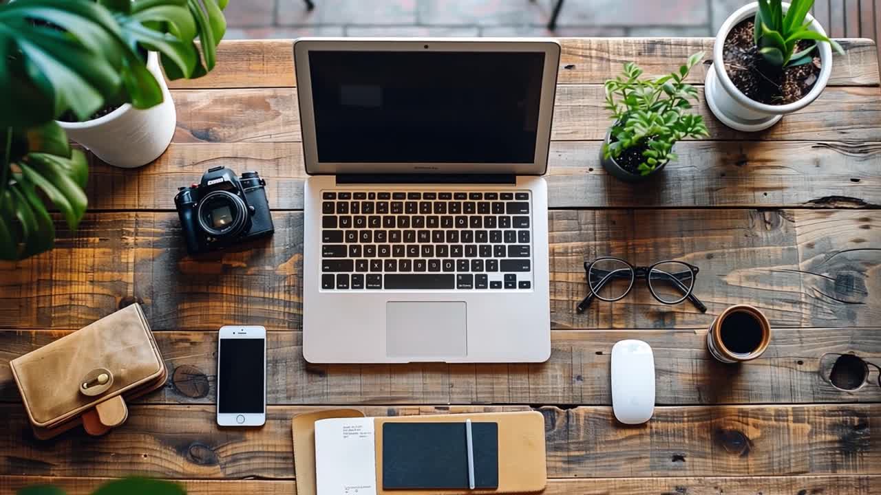 Workspace with laptop and various accessories