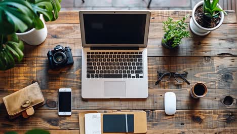 workspace with laptop and various accessories